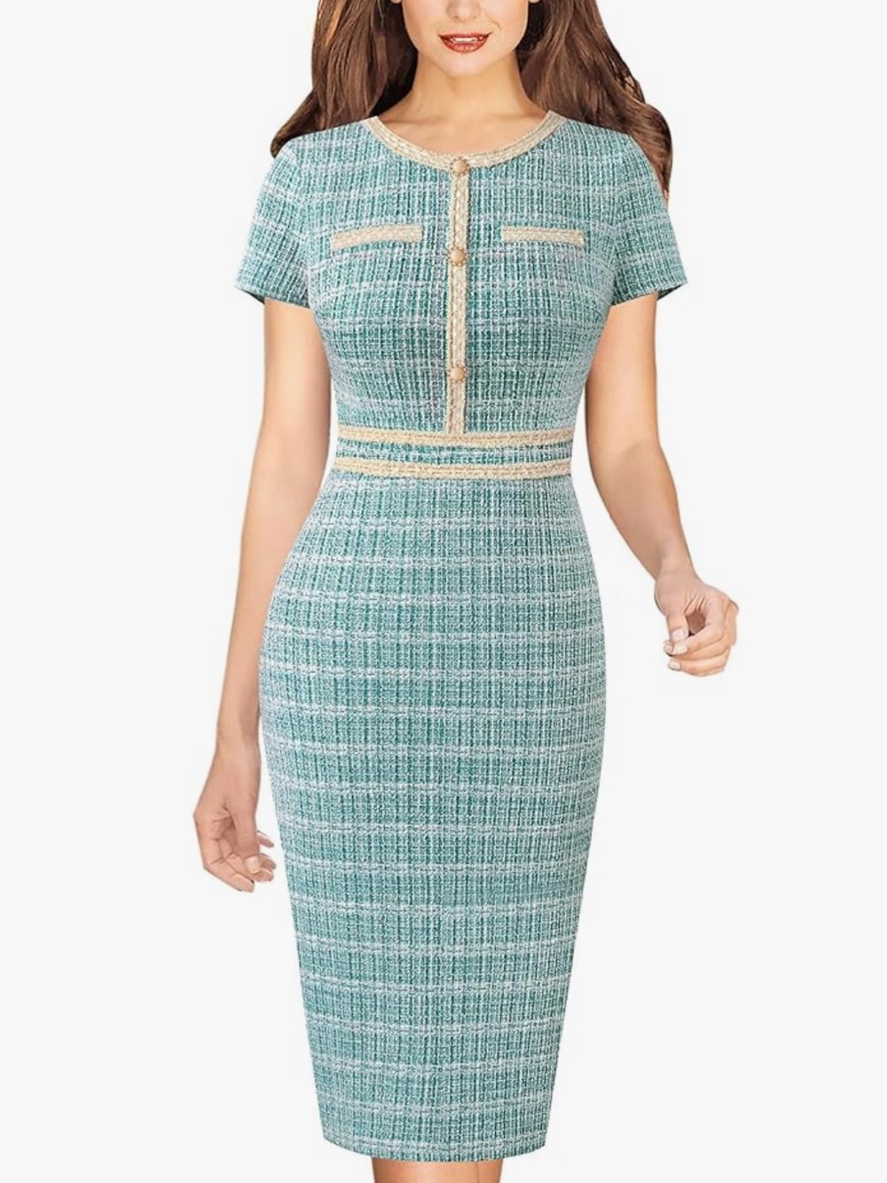 Classic Tweed Sheath Mini Dress in Teal with Gold Trim